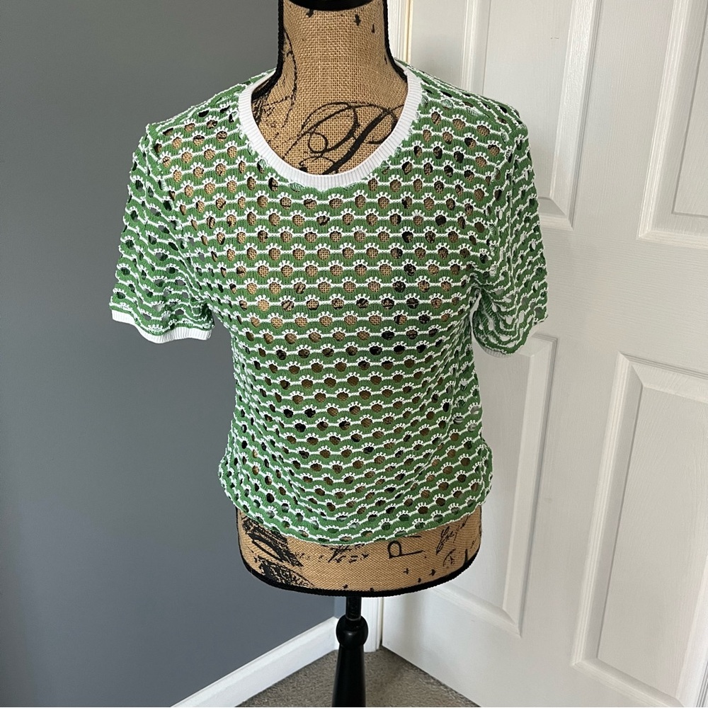 Women’s Green Short Sleeve Crochet Tee - White Trim
